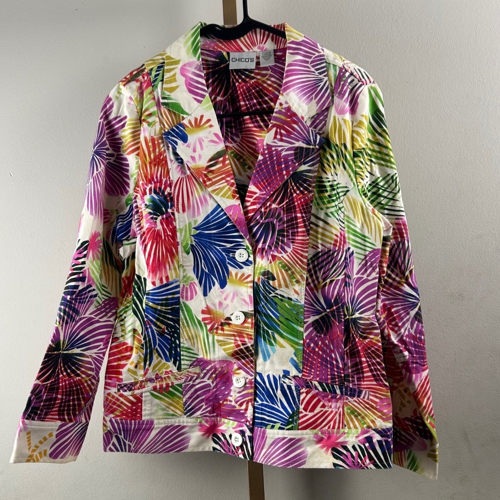 Chico's Tropical Blazer Women Size 2 (12) Y2K Palm Leaf Floral Jacket Vibrant